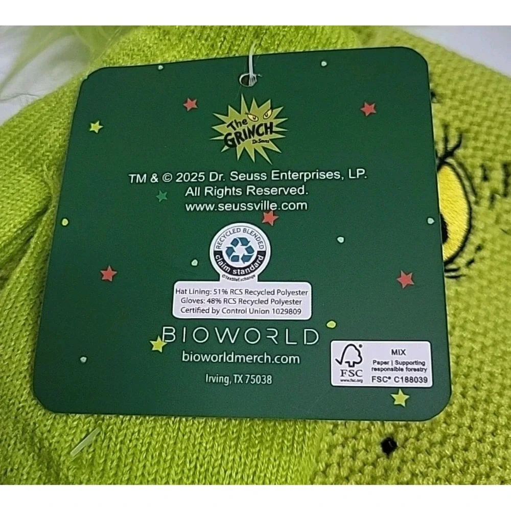 The Grinch Beanie &‎ Gloves Set One Size Child Green Lined Hat NWT Winter Gear